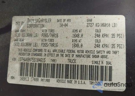 2005 Dodge Dakota Slt из США, поврежденный, VIN 1D7HW48N75S164615